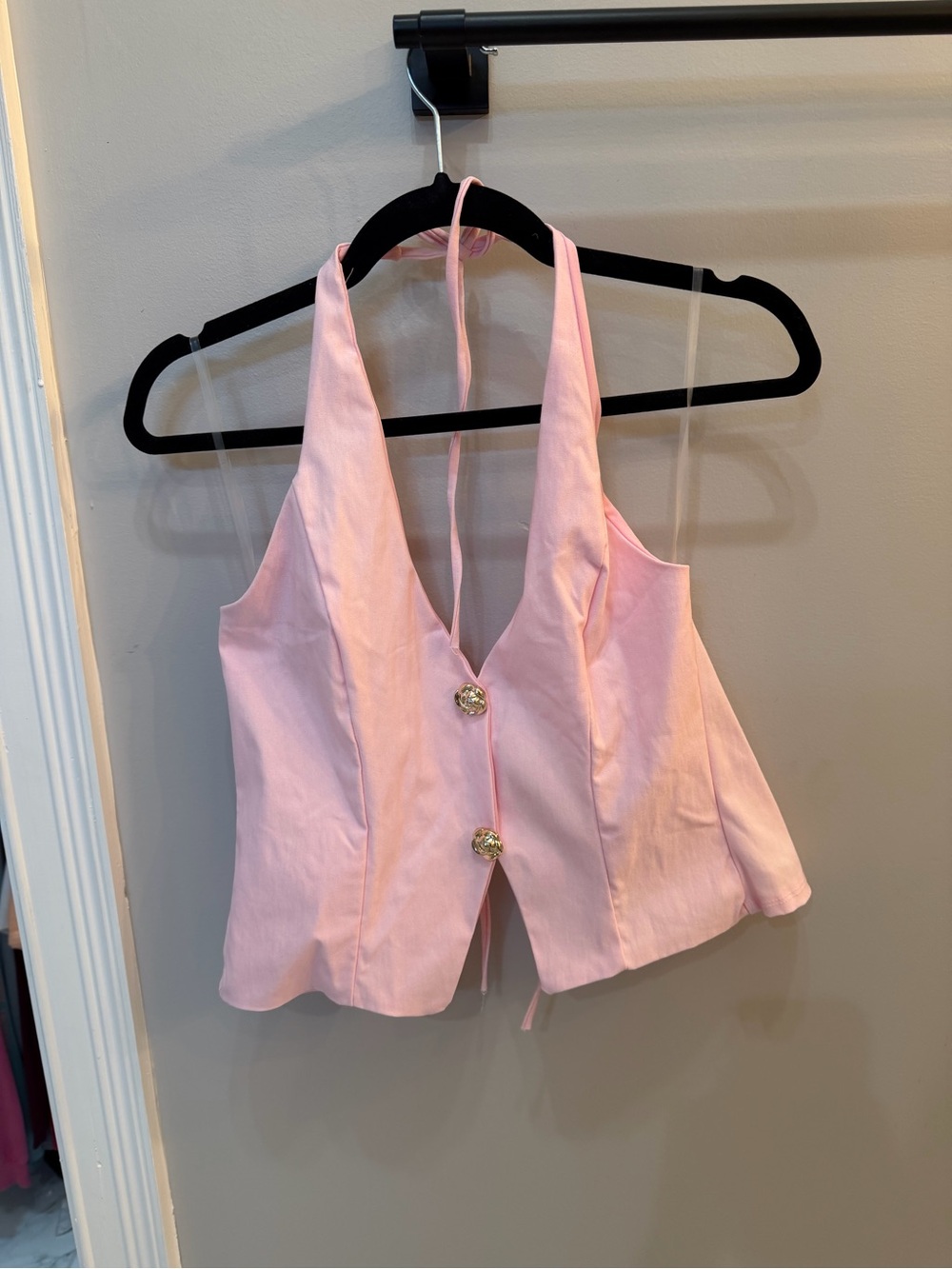 FancyDBoutique Pink Halter Button-Front Women's Top